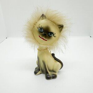 Vintage Enesco Japan Cat Figurine Fur Head Flat Face Siamese Kitsch MCM Kitschy